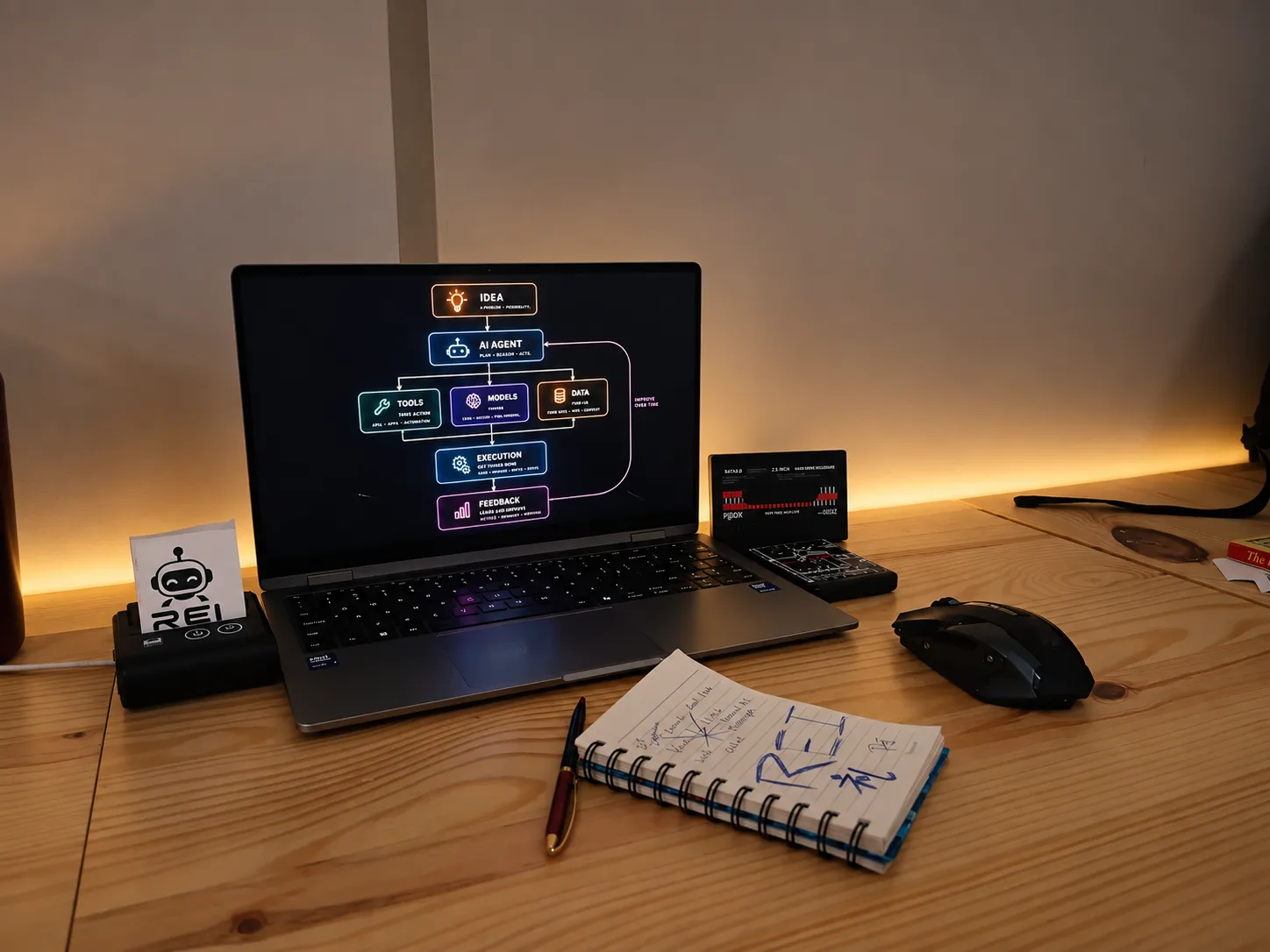 A laptop showing a workflow diagram on a wooden desk, beside a notebook with a doodle.